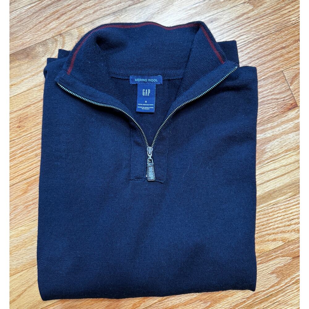Vintage GAP Merino Wool Quarter Zip Sweater Navy Burgundy Striped Small